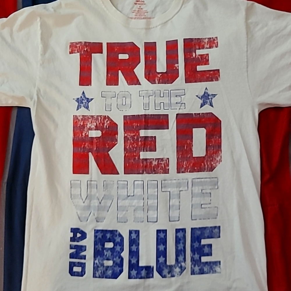 White Shirt With Patriotic Colors And Words